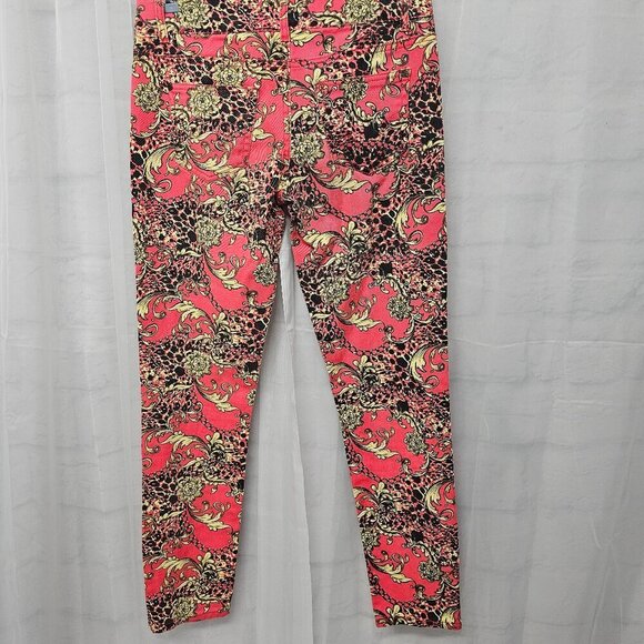 Hot Kiss Skinny Lily Pink Yellow Baroque Leopard Chain Print Jeans Retro Y2K 9 - Picture 7 of 16